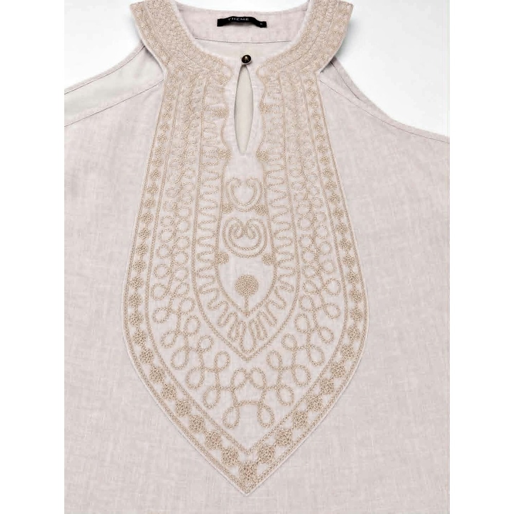 Theme Linen Cotton Embroidered Shift Dress Size Small Sleeveless Soft Taupe